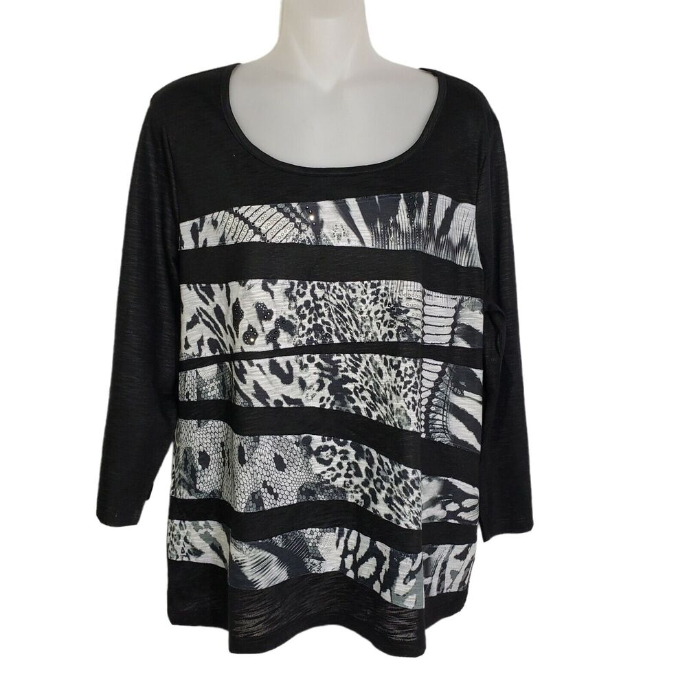 Chicos Womens Top Size 2 Large 12 Black Embellished 3/4 Sleeves Animal Print